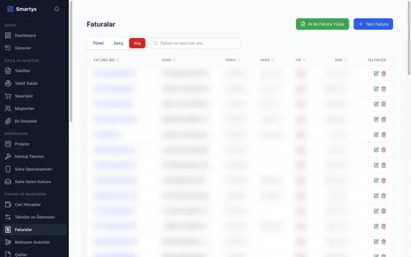 Smartys invoices screen: purchase and sales invoices with an AI invoice upload button